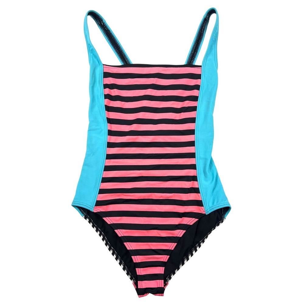 TYR Women Medium One Piece Swimsuit Pink Black Turquoise Striped Sport Beach GUC